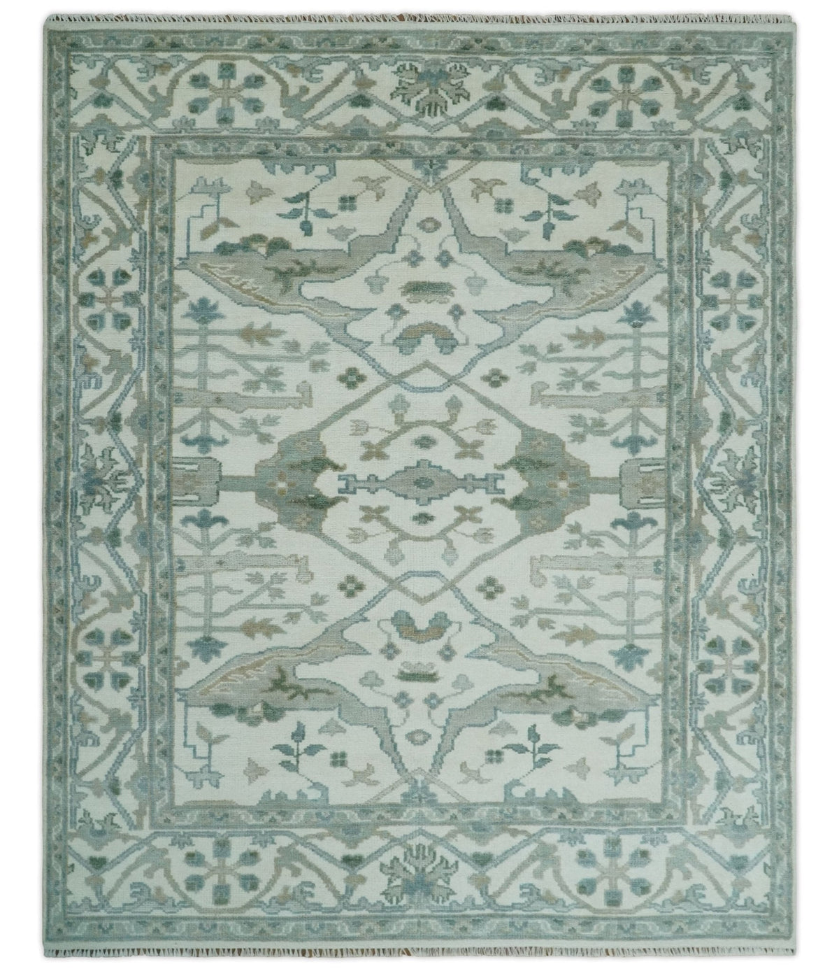 Custom Made Hand Knotted Oriental Oushak Ivory and Teal Wool Area Rug.