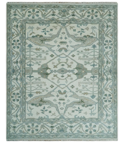 Custom Made Hand Knotted Oriental Oushak Ivory and Teal Wool Area Rug.