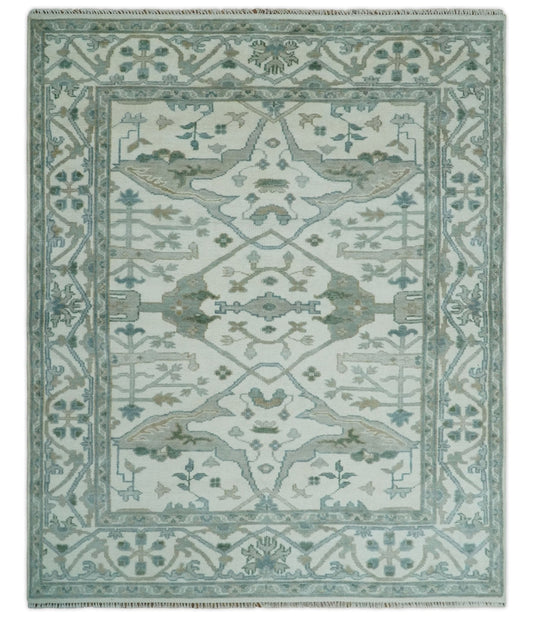 Custom Made Hand Knotted Oriental Oushak Ivory and Teal Wool Area Rug.