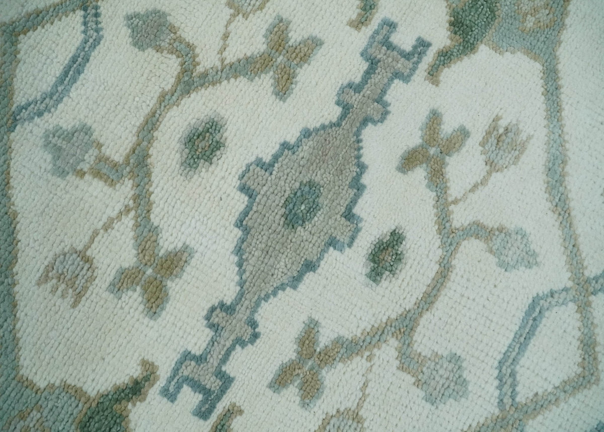Custom Made Hand Knotted Oriental Oushak Ivory and Teal Wool Area Rug.