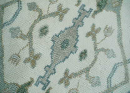 Custom Made Hand Knotted Oriental Oushak Ivory and Teal Wool Area Rug.