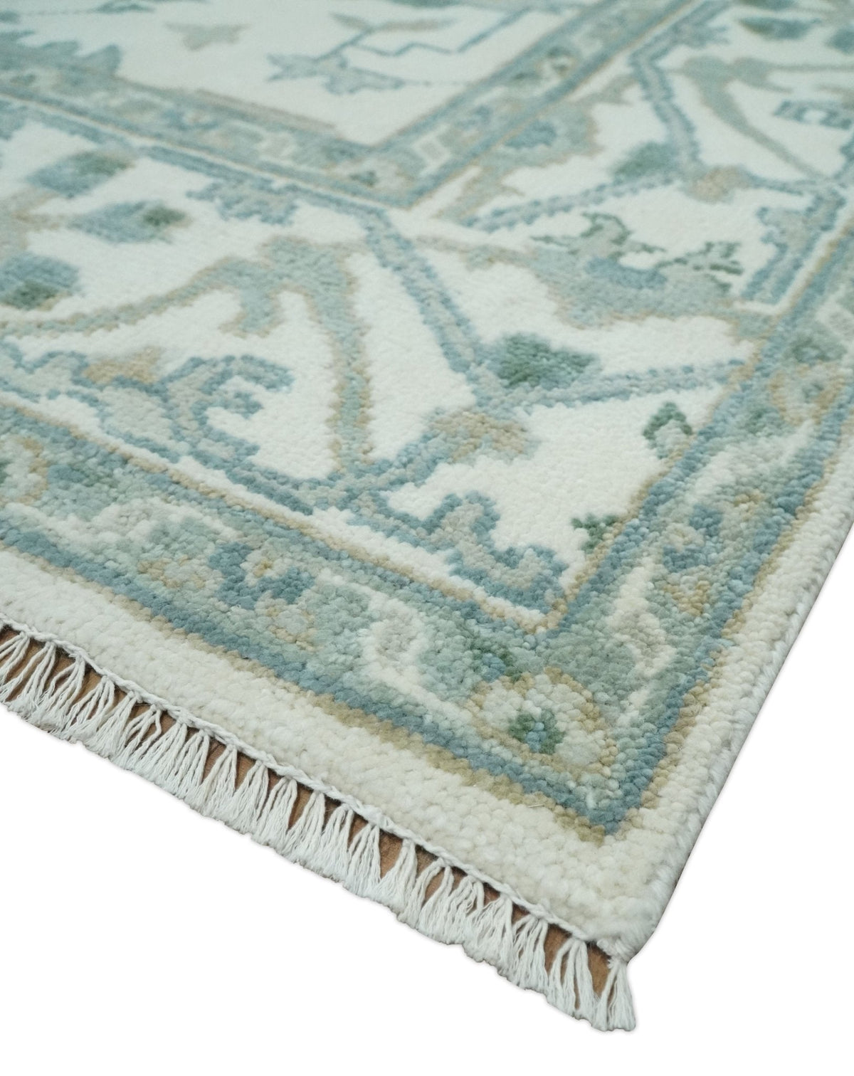 Custom Made Hand Knotted Oriental Oushak Ivory and Teal Wool Area Rug.