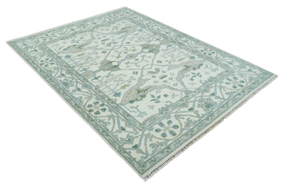 Custom Made Hand Knotted Oriental Oushak Ivory and Teal Wool Area Rug.