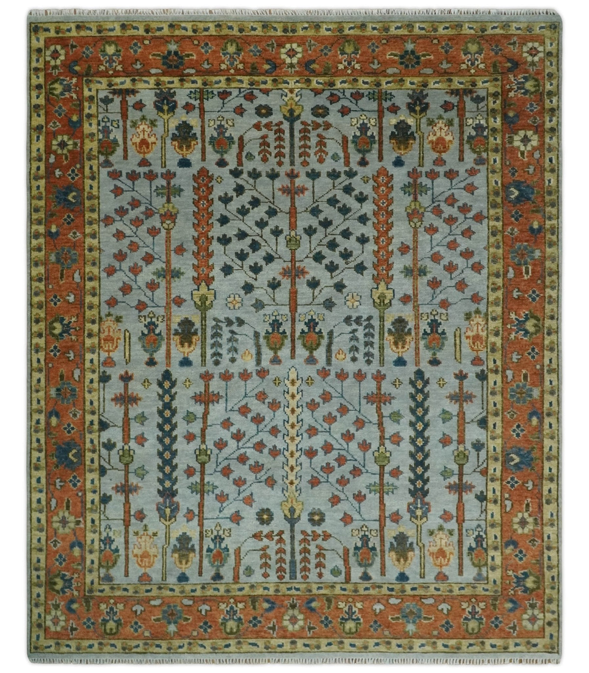Hand Knotted Rust and Blue Traditional Turkish Tree of Life Multi Size Wool Rug.