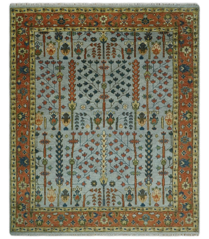 Hand Knotted Rust and Blue Traditional Turkish Tree of Life Multi Size Wool Rug.