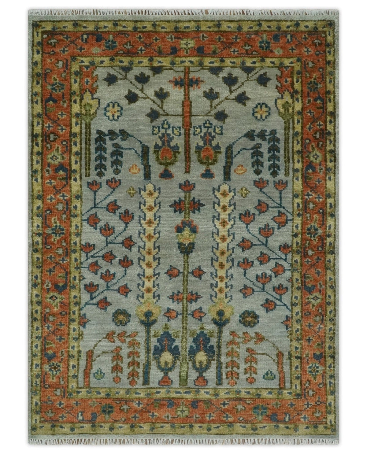 Hand Knotted Rust and Blue Traditional Turkish Tree of Life Multi Size Wool Rug.