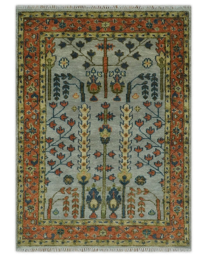 Hand Knotted Rust and Blue Traditional Turkish Tree of Life Multi Size Wool Rug.
