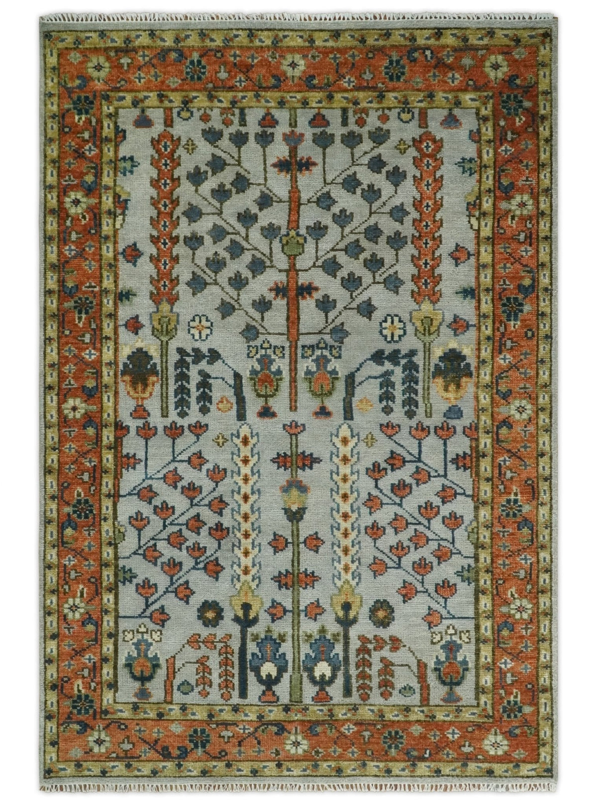 Hand Knotted Rust and Blue Traditional Turkish Tree of Life Multi Size Wool Rug.