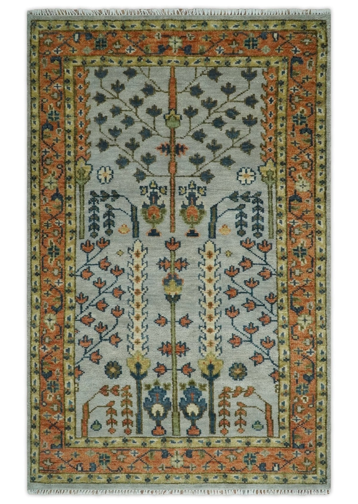 Hand Knotted Rust and Blue Traditional Turkish Tree of Life Multi Size Wool Rug.