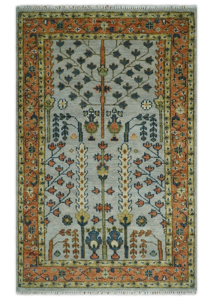 Hand Knotted Rust and Blue Traditional Turkish Tree of Life Multi Size Wool Rug.