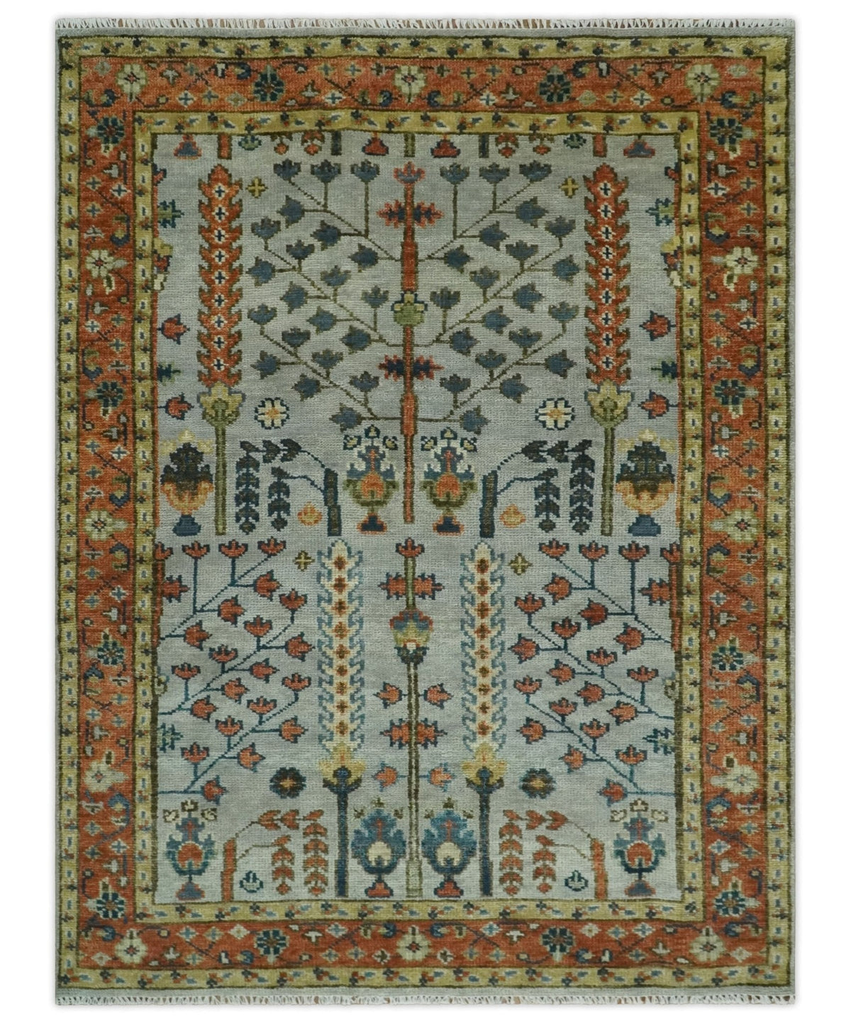 Hand Knotted Rust and Blue Traditional Turkish Tree of Life Multi Size Wool Rug.