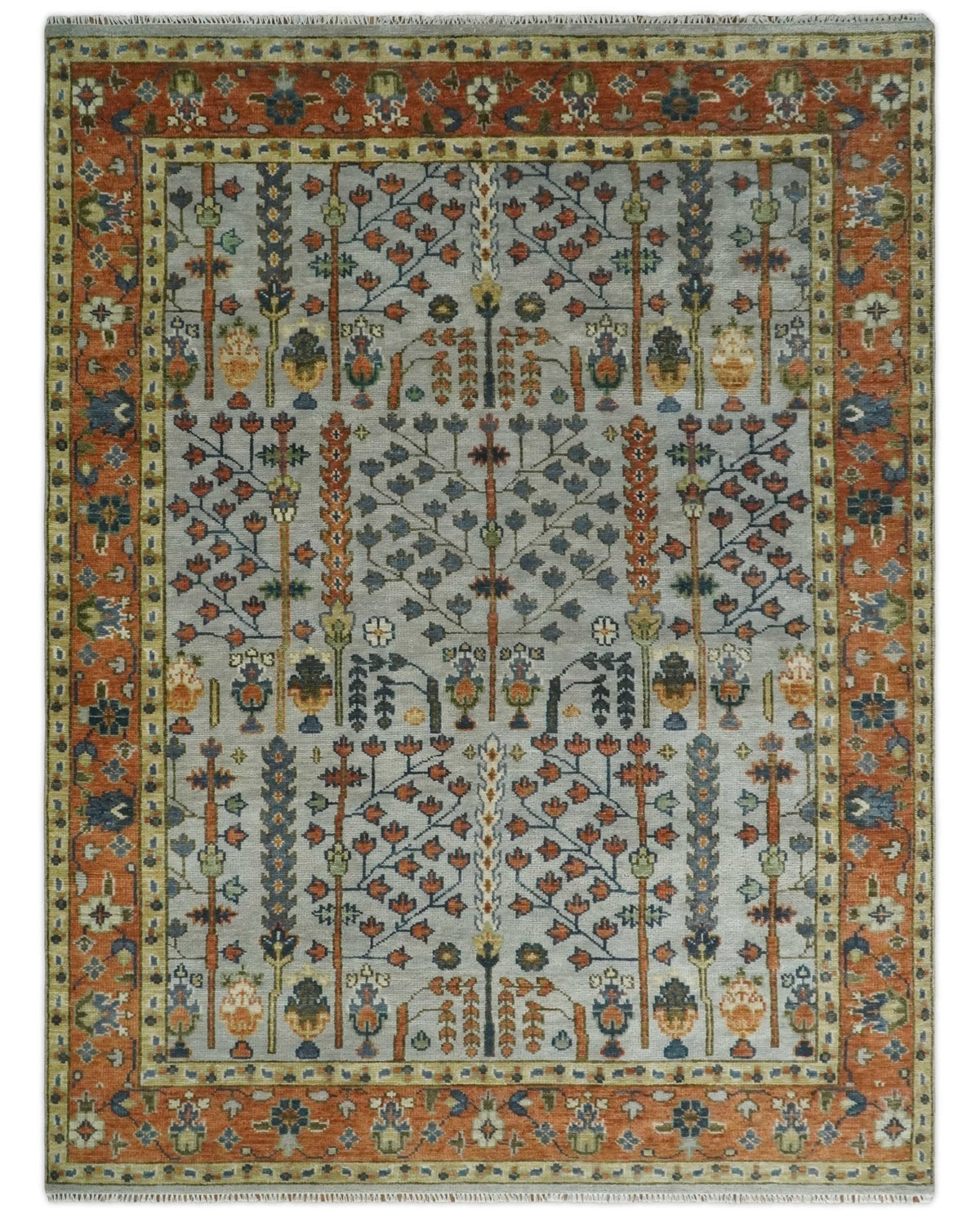 Hand Knotted Rust and Blue Traditional Turkish Tree of Life Multi Size Wool Rug.
