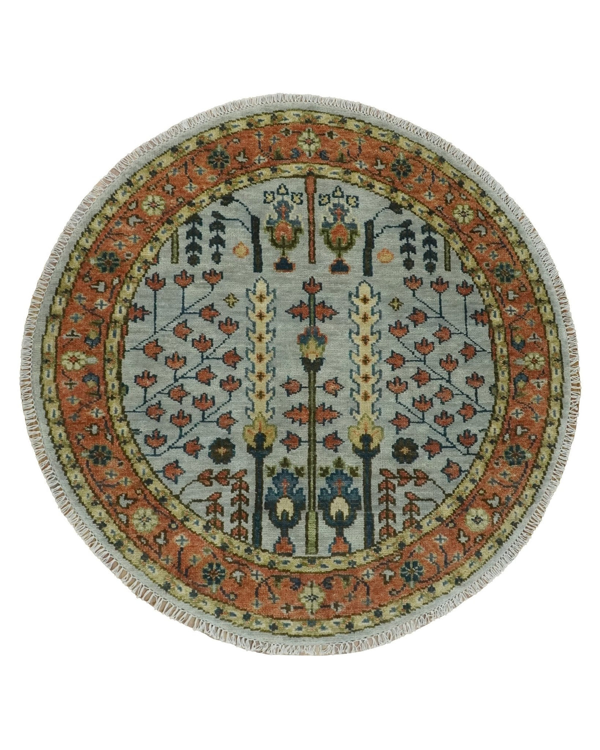 Hand Knotted Rust and Blue Traditional Turkish Tree of Life Multi Size Wool Rug.