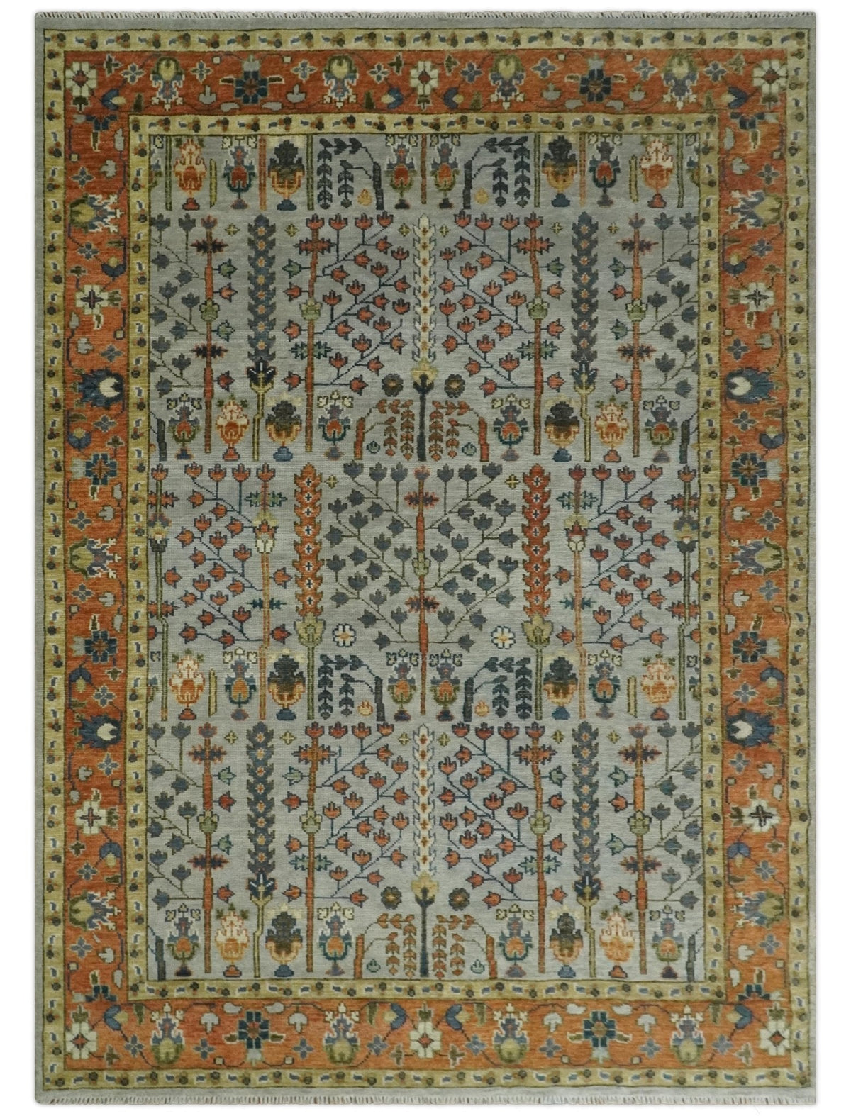 Hand Knotted Rust and Blue Traditional Turkish Tree of Life Multi Size Wool Rug.