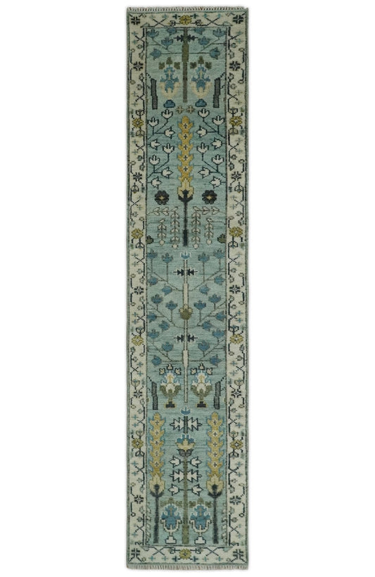Custom Made Hand Knotted Tree of life Blue And Ivory Runner Wool Rug.