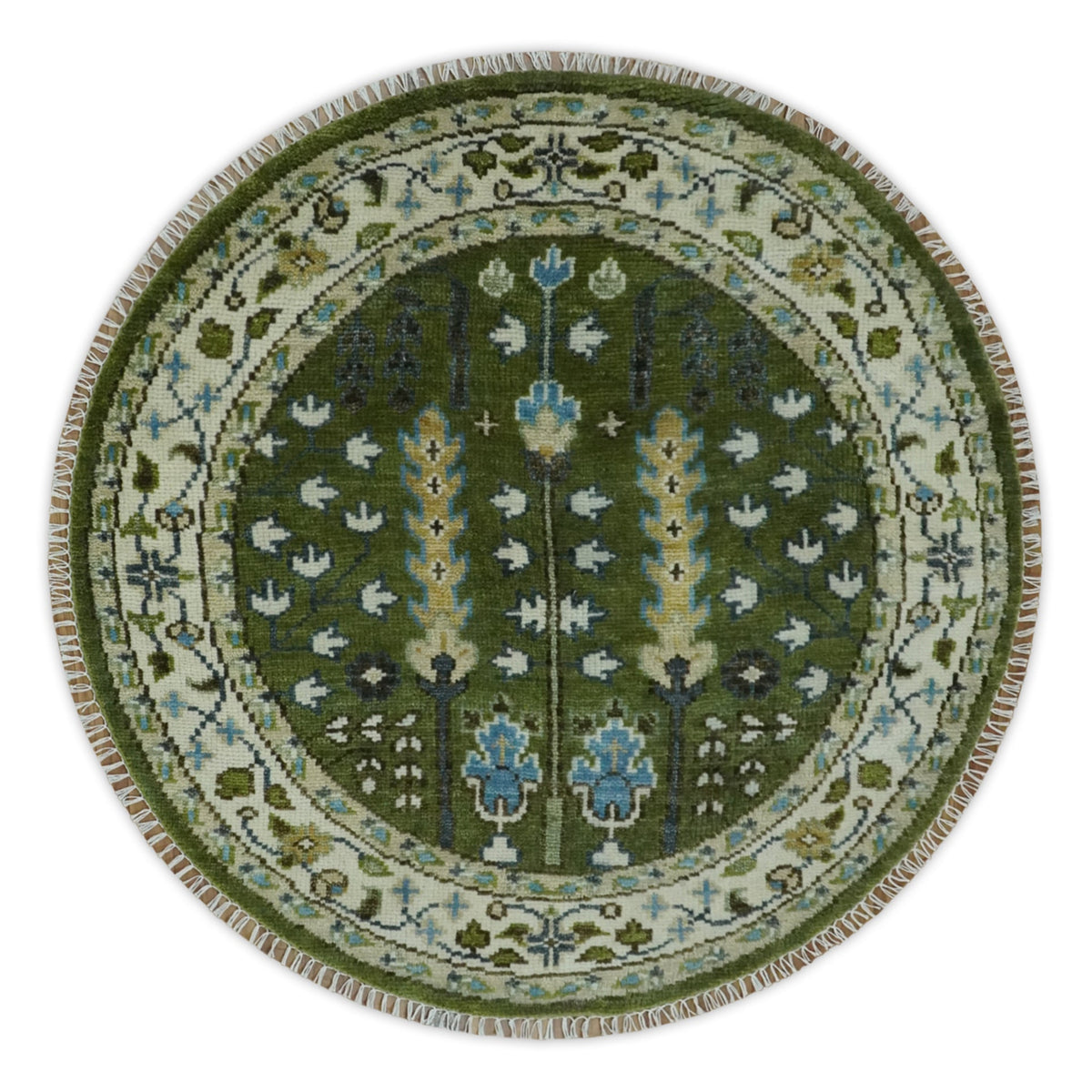 Hand Knotted Royal Green and Ivory Traditional Turkish Style Tree Of Life Multi Size Wool Area Rug.