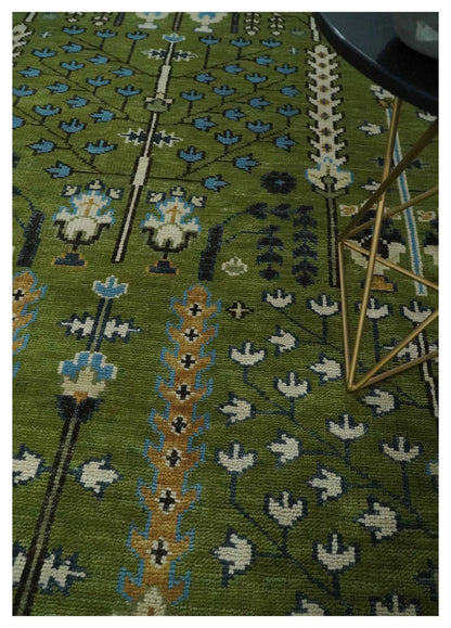 Hand Knotted Royal Green and Ivory Traditional Turkish Style Tree Of Life Multi Size Wool Area Rug.