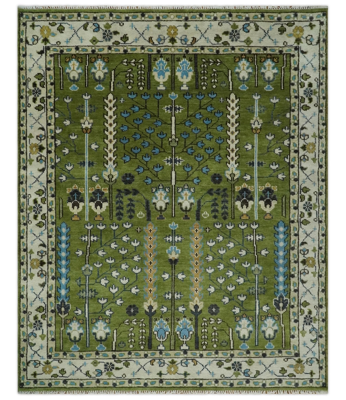Hand Knotted Royal Green and Ivory Traditional Turkish Style Tree Of Life Multi Size Wool Area Rug.