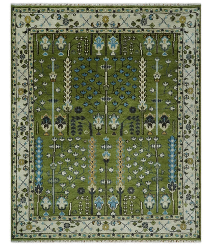 Hand Knotted Royal Green and Ivory Traditional Turkish Style Tree Of Life Multi Size Wool Area Rug.