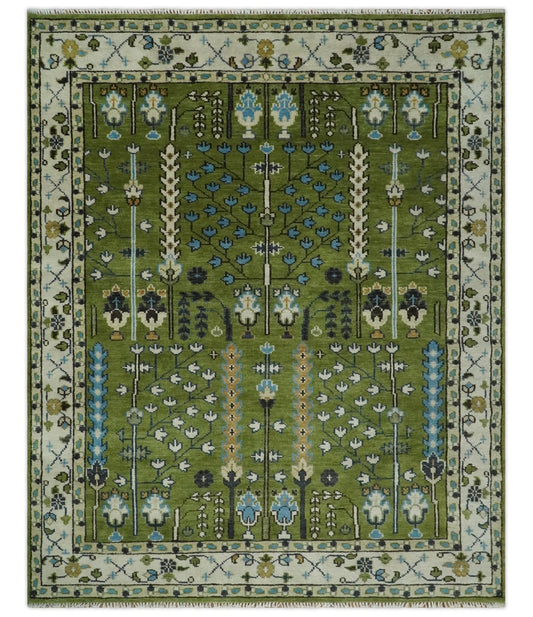 Hand Knotted Royal Green and Ivory Traditional Turkish Style Tree Of Life Multi Size Wool Area Rug.