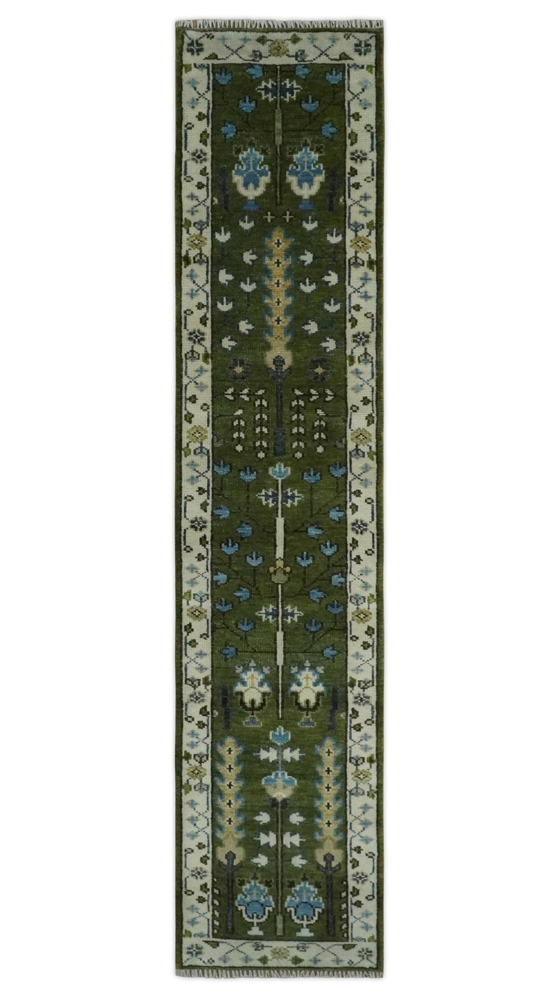 Hand Knotted Royal Green and Ivory Traditional Turkish Style Tree Of Life Multi Size Wool Area Rug.