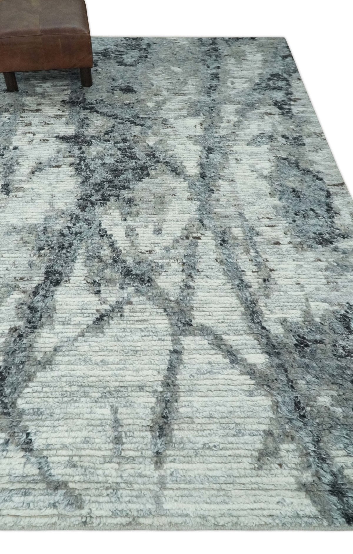 Hand Knotted Ivory, Black and Charcoal Modern Abstract Made with Blended Wool Multi Size Rug.