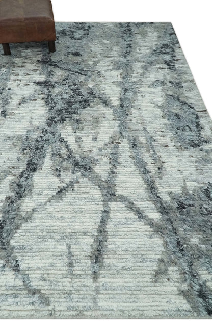 Hand Knotted Ivory, Black and Charcoal Modern Abstract Made with Blended Wool Multi Size Rug.