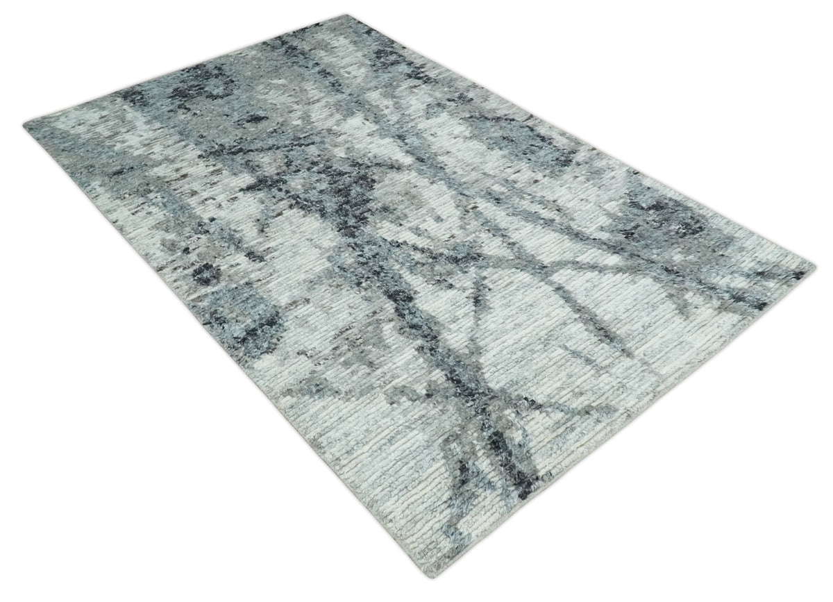 Hand Knotted Ivory, Black and Charcoal Modern Abstract Made with Blended Wool Multi Size Rug.