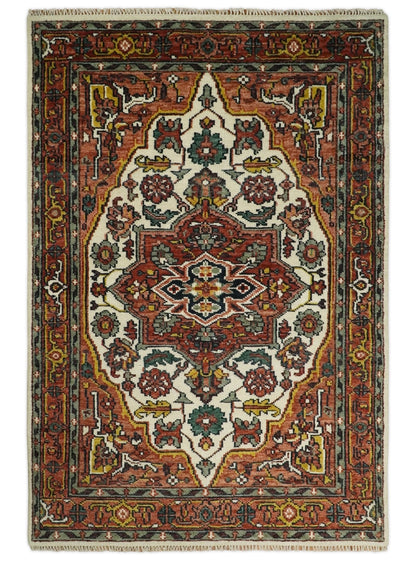Rust And Ivory Traditional Medallion Hand Knotted Wool Area Rug.