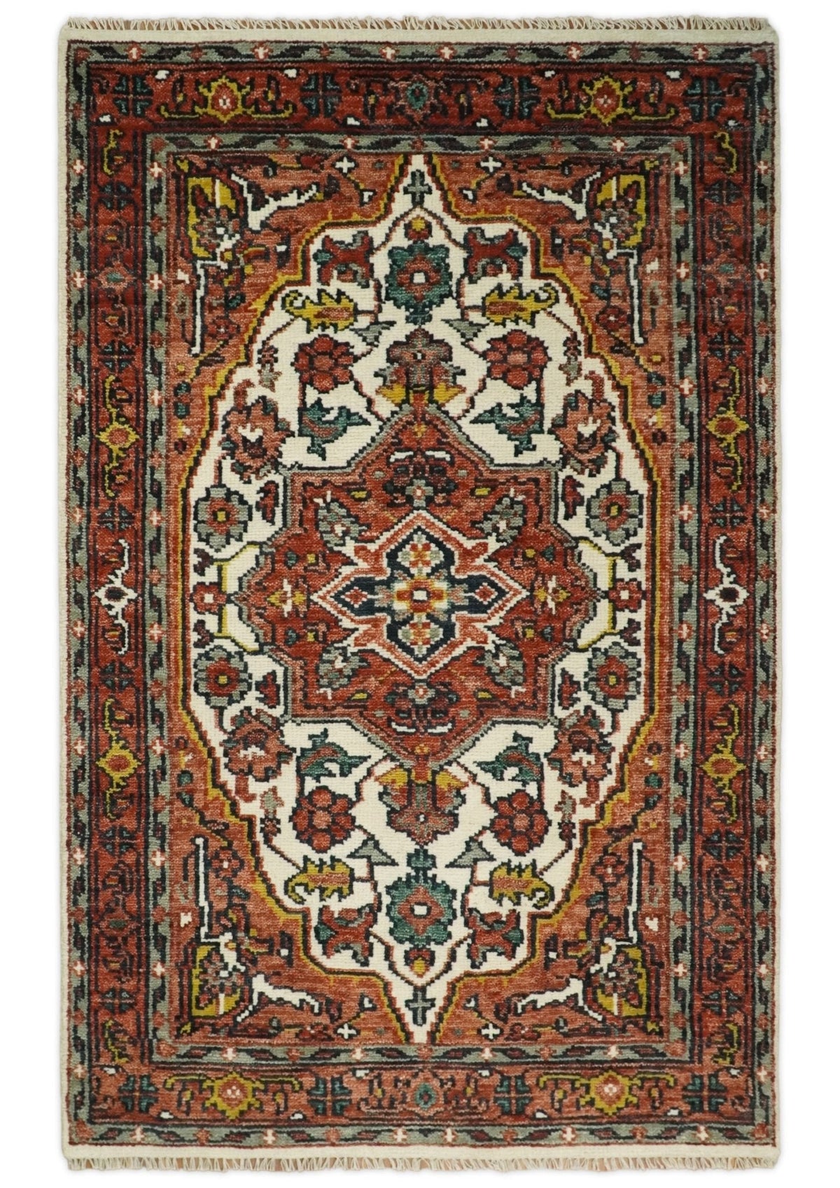 Rust And Ivory Traditional Medallion Hand Knotted Wool Area Rug.