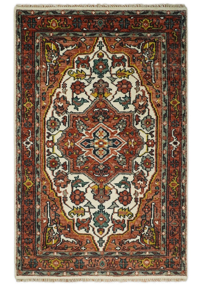 Rust And Ivory Traditional Medallion Hand Knotted Wool Area Rug.