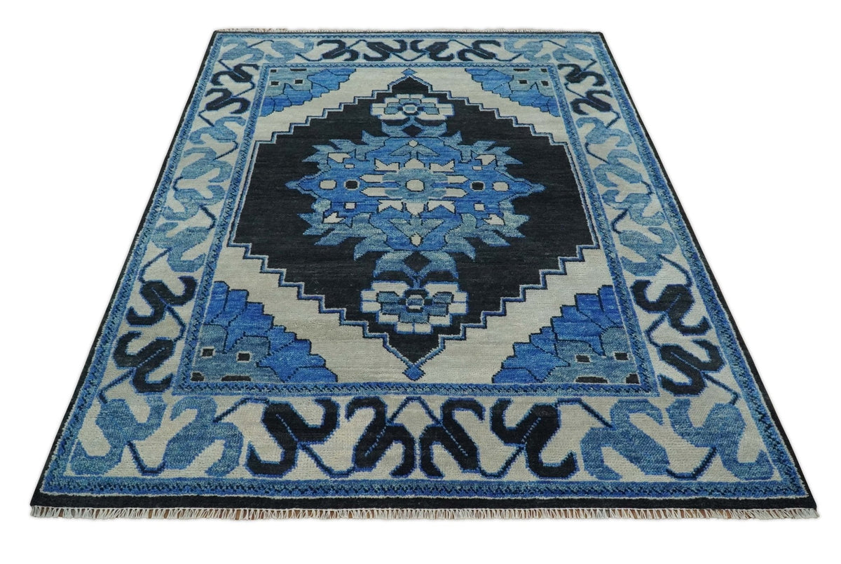 Blue and Black  Hand Knotted  Traditional Heriz Multi Size Wool Area Rug.