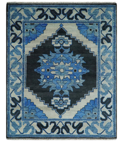 Blue and Black  Hand Knotted  Traditional Heriz Multi Size Wool Area Rug.