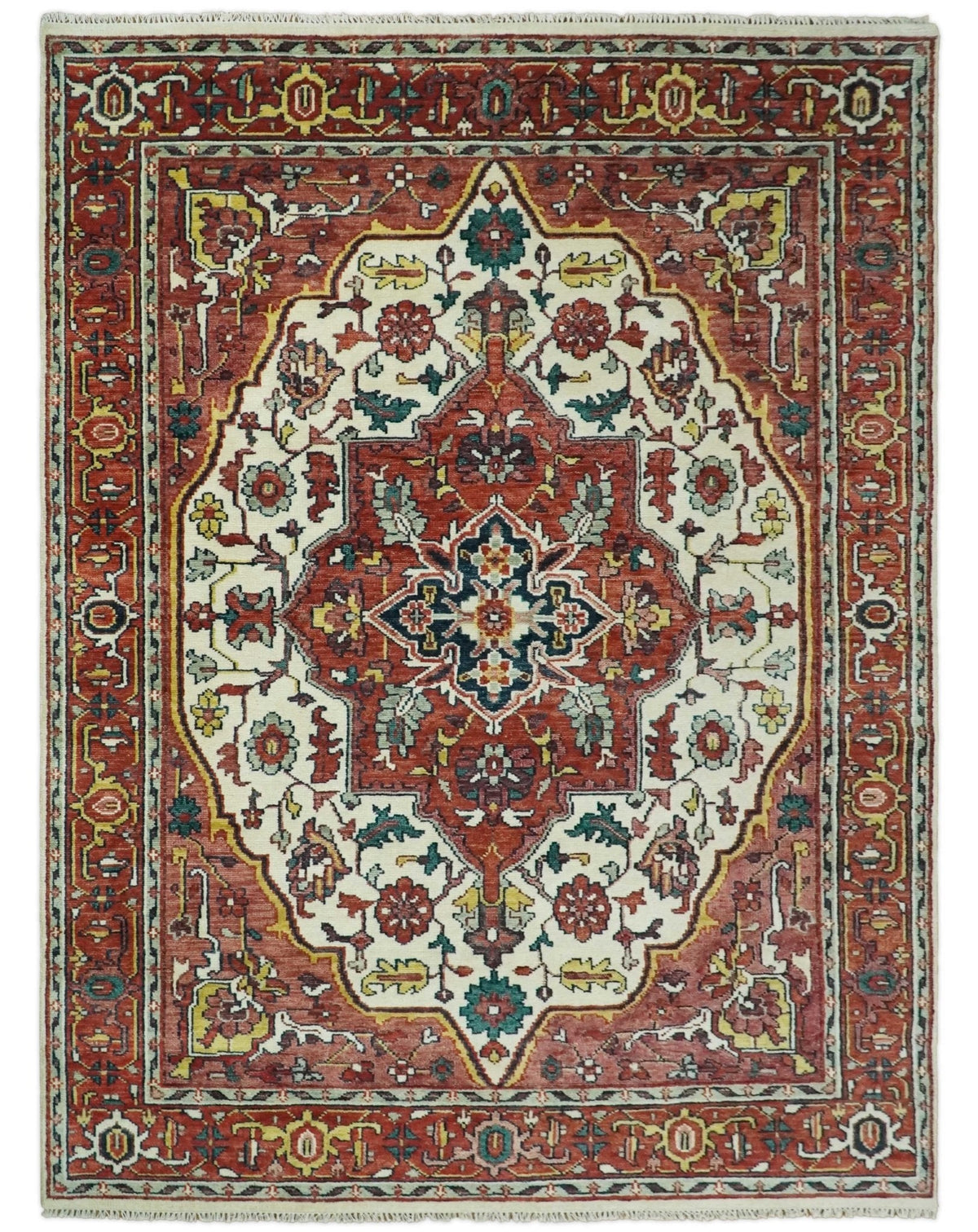 Rust And Ivory Traditional Medallion Hand Knotted Wool Area Rug.