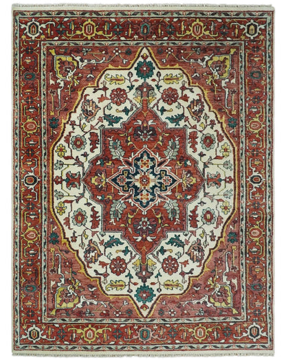 Rust And Ivory Traditional Medallion Hand Knotted Wool Area Rug.