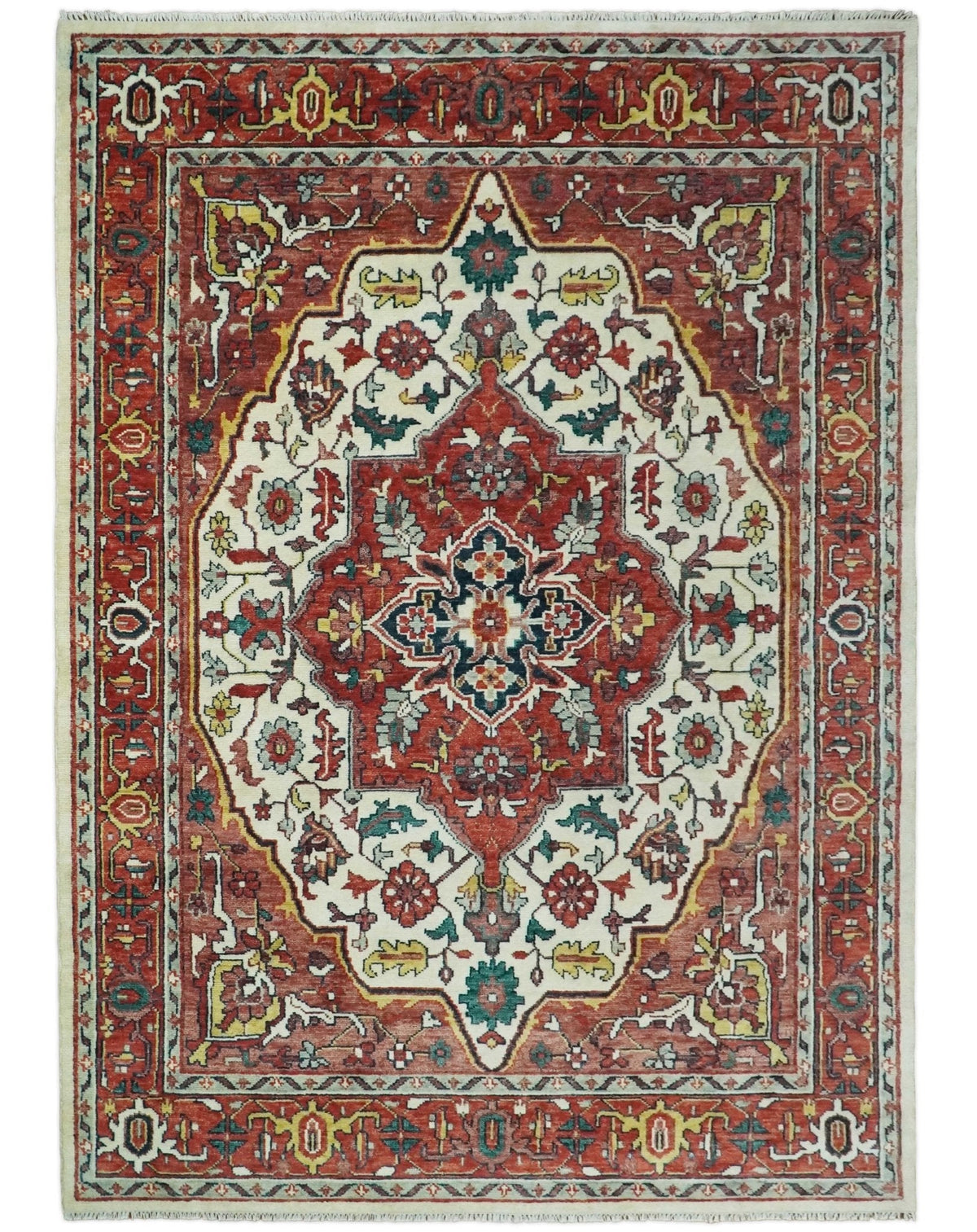 Rust And Ivory Traditional Medallion Hand Knotted Wool Area Rug.