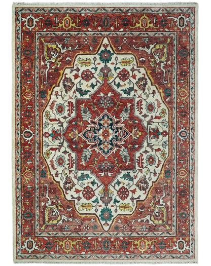 Rust And Ivory Traditional Medallion Hand Knotted Wool Area Rug.