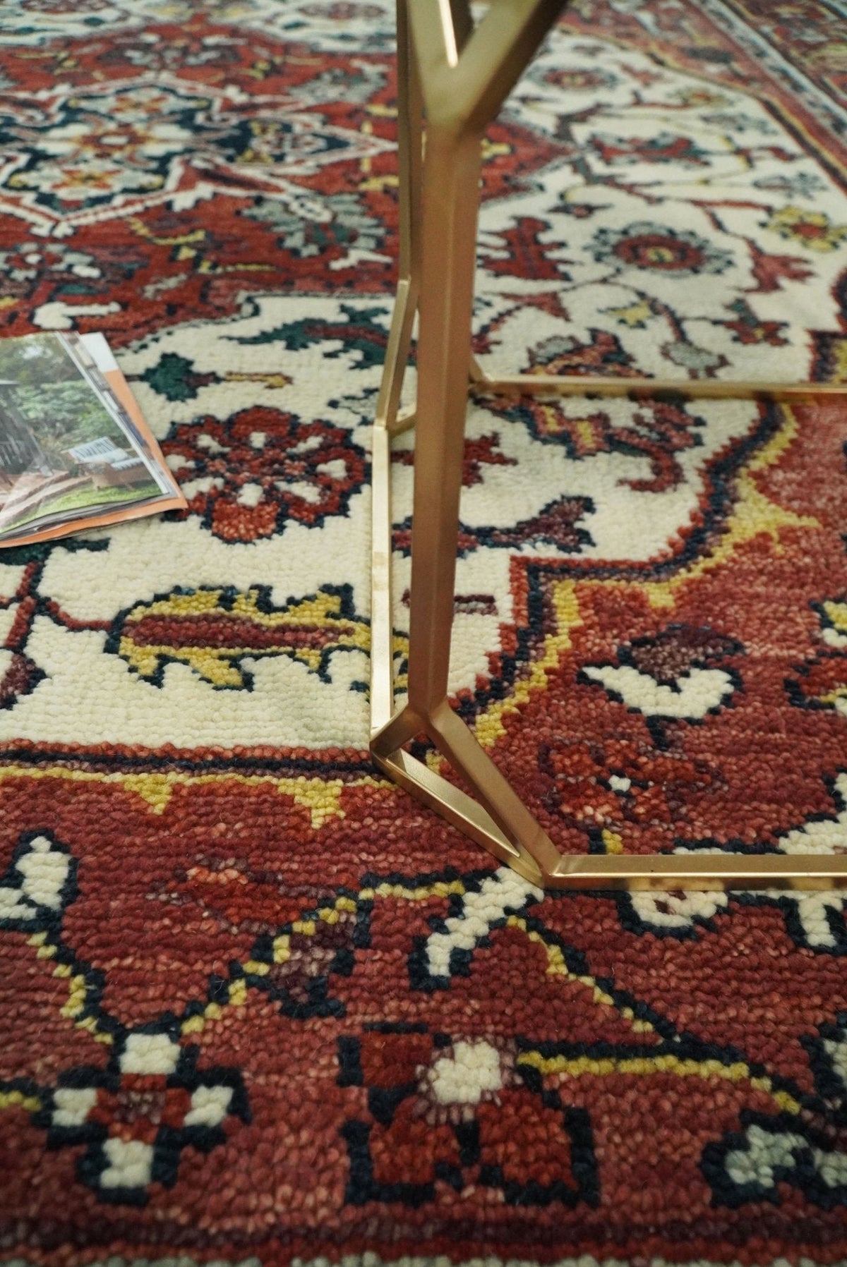 Rust And Ivory Traditional Medallion Hand Knotted Wool Area Rug.