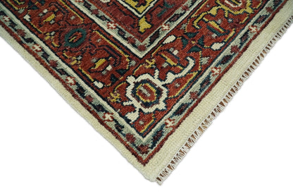 Rust And Ivory Traditional Medallion Hand Knotted Wool Area Rug.