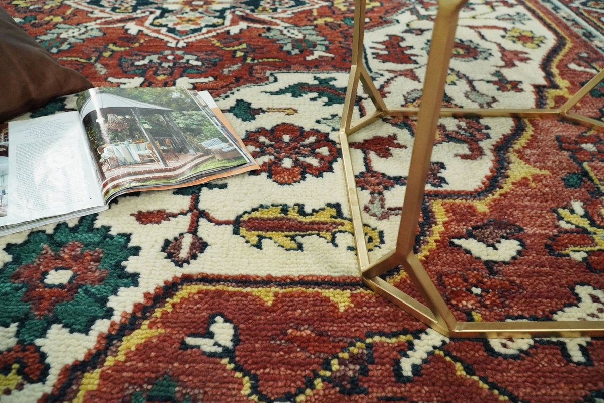 Rust And Ivory Traditional Medallion Hand Knotted Wool Area Rug.