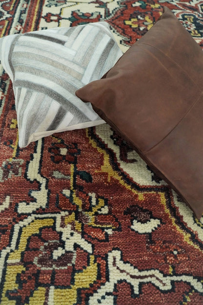 Rust And Ivory Traditional Medallion Hand Knotted Wool Area Rug.