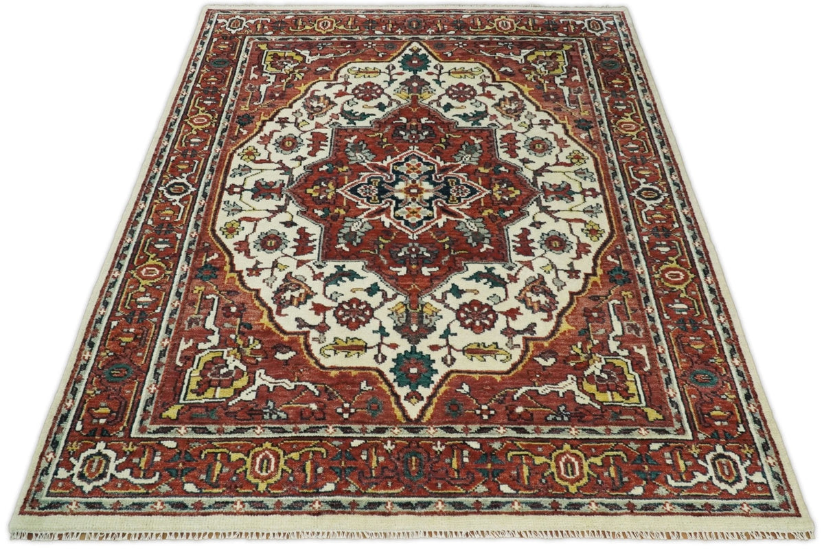 Rust And Ivory Traditional Medallion Hand Knotted Wool Area Rug.