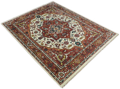 Rust And Ivory Traditional Medallion Hand Knotted Wool Area Rug.