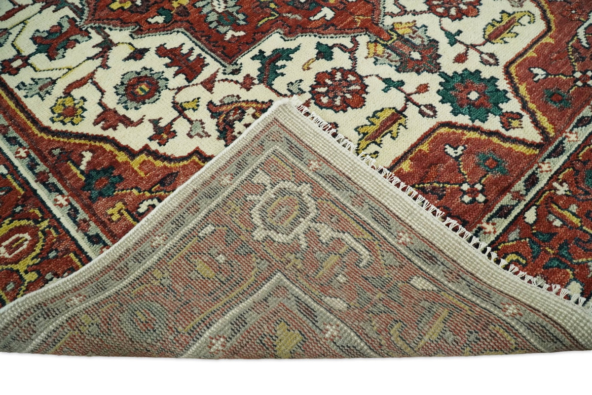 Rust And Ivory Traditional Medallion Hand Knotted Wool Area Rug.