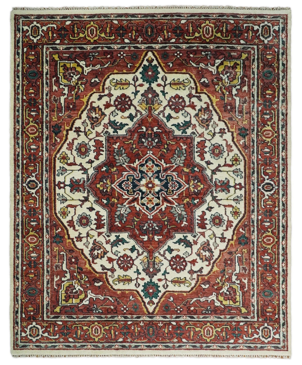 Rust And Ivory Traditional Medallion Hand Knotted Wool Area Rug.