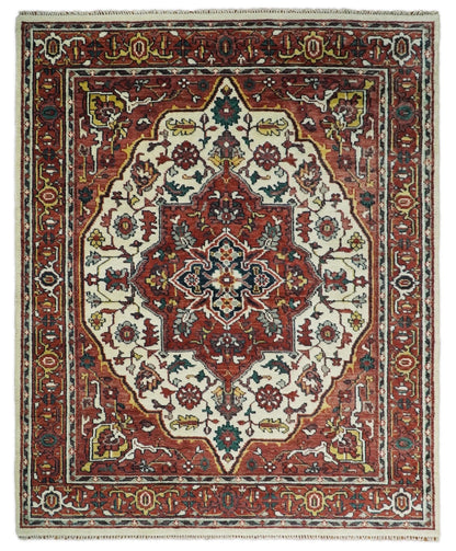 Rust And Ivory Traditional Medallion Hand Knotted Wool Area Rug.