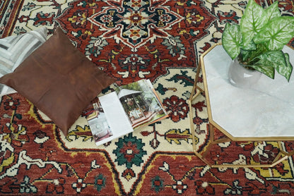 Rust And Ivory Traditional Medallion Hand Knotted Wool Area Rug.