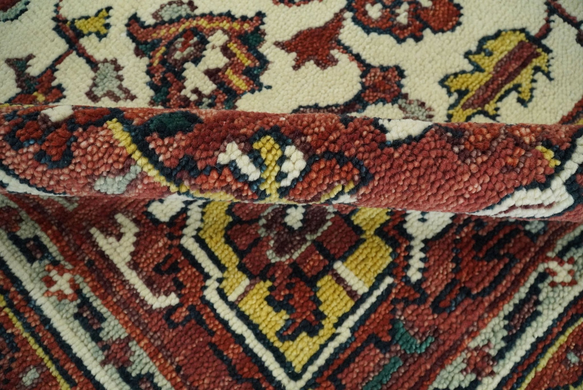Rust And Ivory Traditional Medallion Hand Knotted Wool Area Rug.