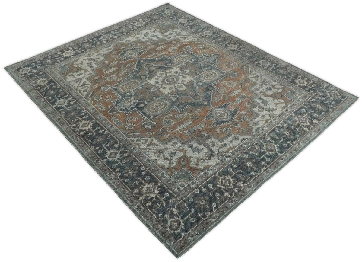 Traditional Distressed Brown And Gray Hand Knotted wool Area Rug.