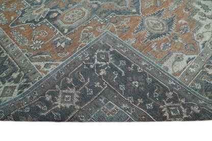 Traditional Distressed Brown And Gray Hand Knotted wool Area Rug.